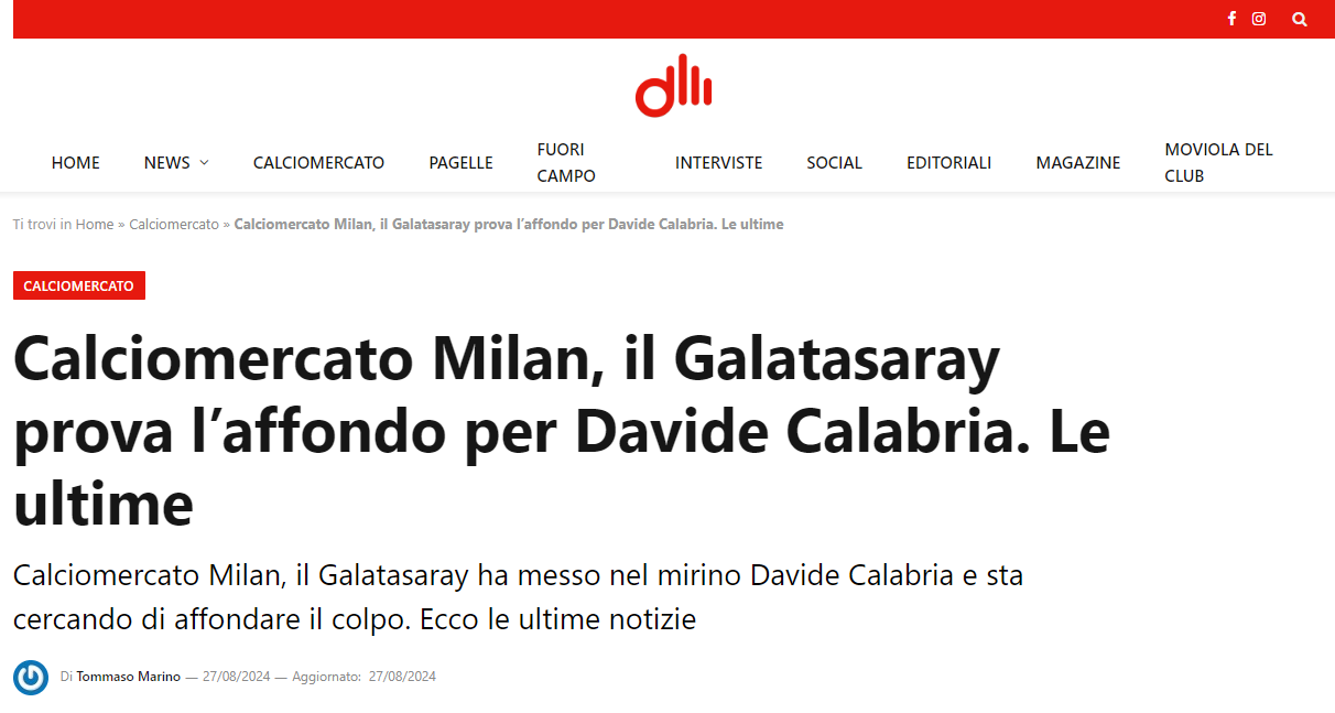 Galatasaray, Davide Calabria ile Transfer Görüşmelerine Devam Ediyor