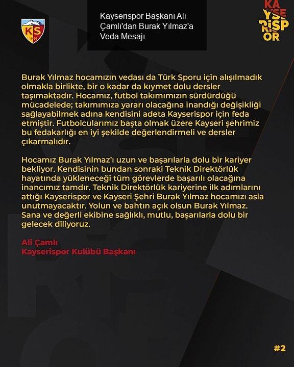 Kayserispor Başkanı Ali Çamlı'dan Burak Yılmaz'a Veda Mesajı