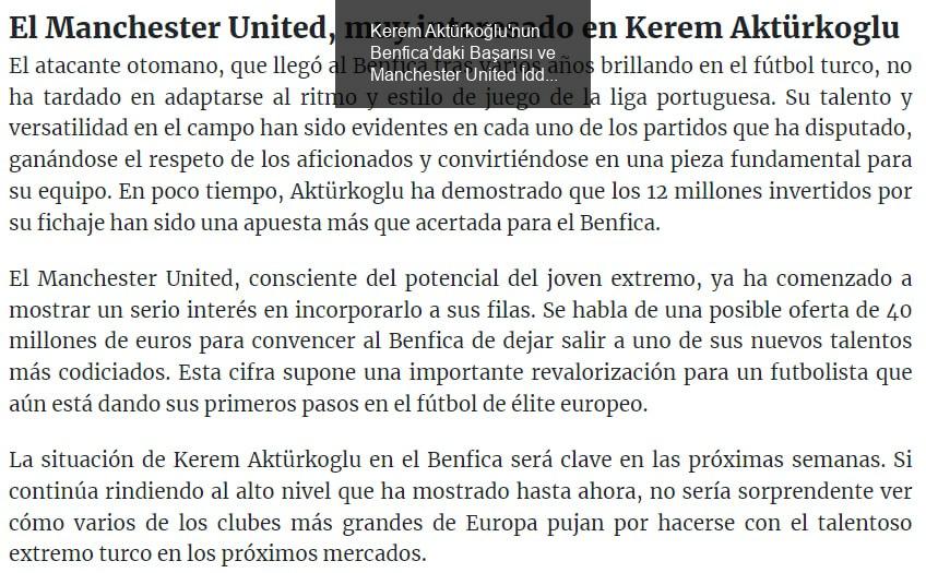 Kerem Aktürkoğlu'nun Benfica'daki Başarısı ve Manchester United İddiaları