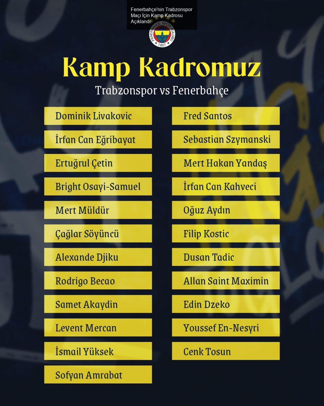 Fenerbahçe'nin Trabzonspor Maçı İçin Kamp Kadrosu Açıklandı